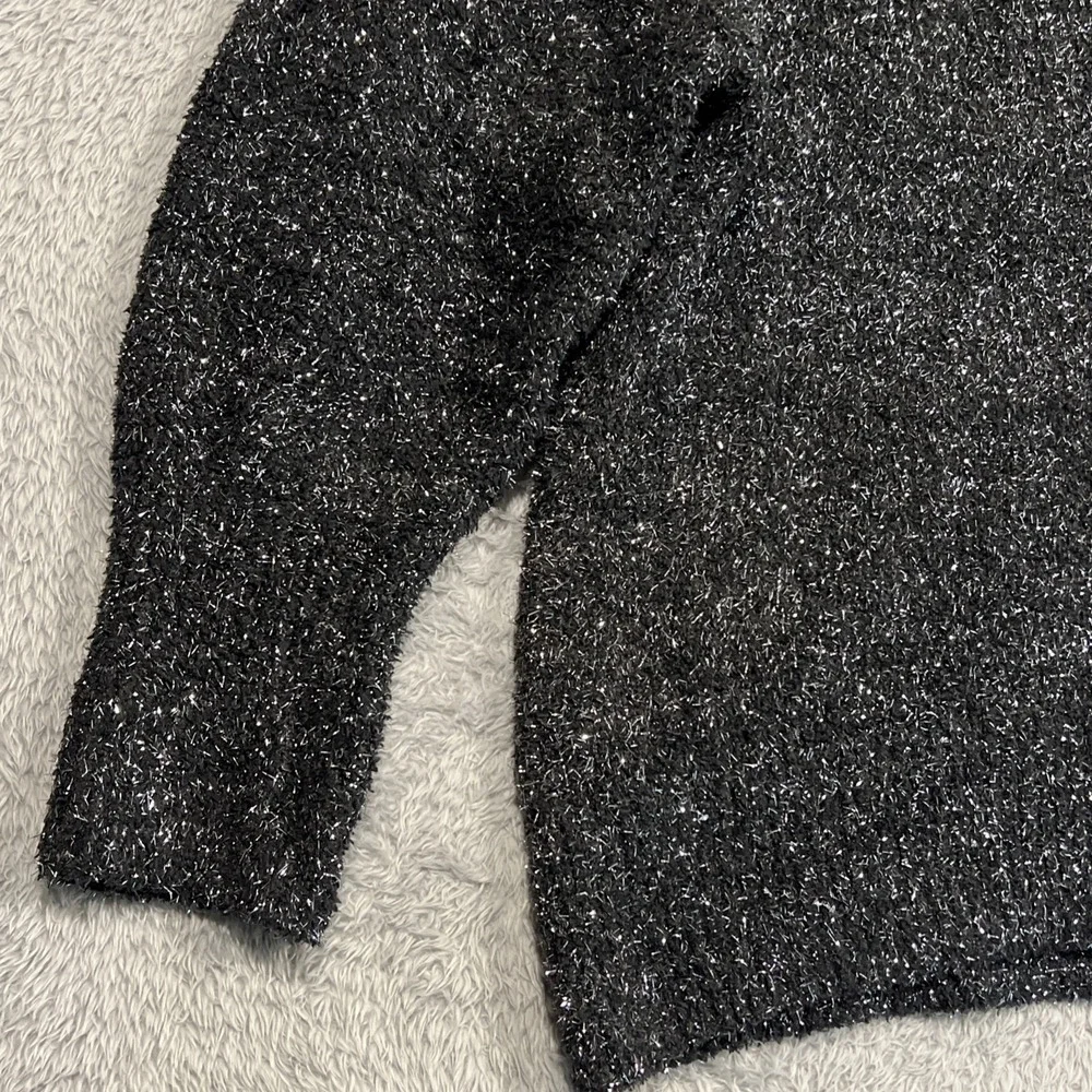 Ava‎ & Viv Sweater V-Neck Metallic Shimmer Fuzzy Black Womens 2X